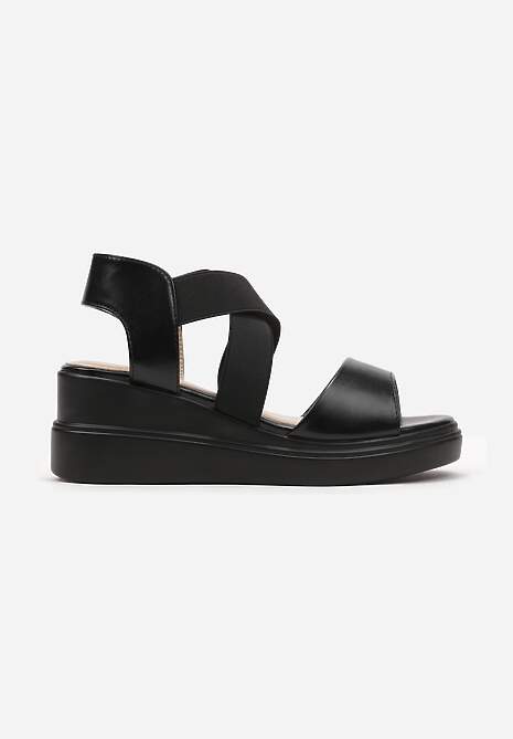 Czarne Wsuwane Sandały z Imitacji Skóry na Koturnie z Elastycznymi Paskami Trigia