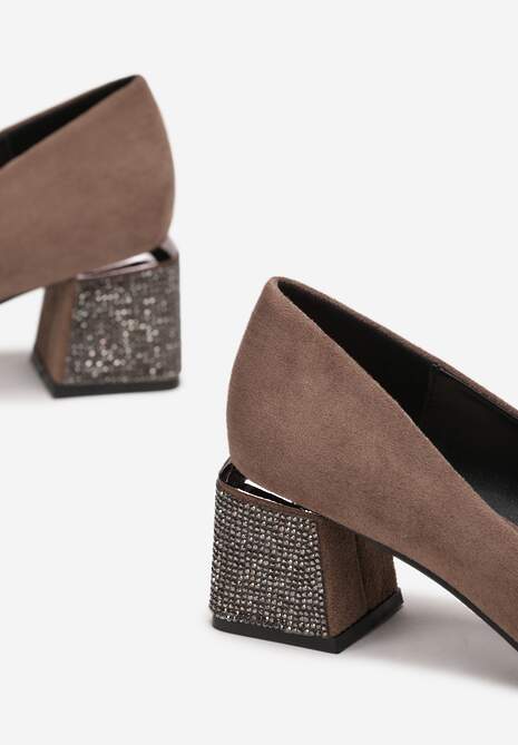 Beżowe Czółenka na Słupku z Cyrkoniami i Wkładką ze Skóry Naturalnej Millu