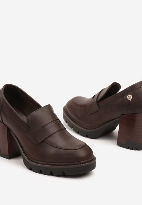 Brązowe Półbuty na Platformie z Tłoczeniem i Słupku z Metaliczną Aplikacją Ravalisse