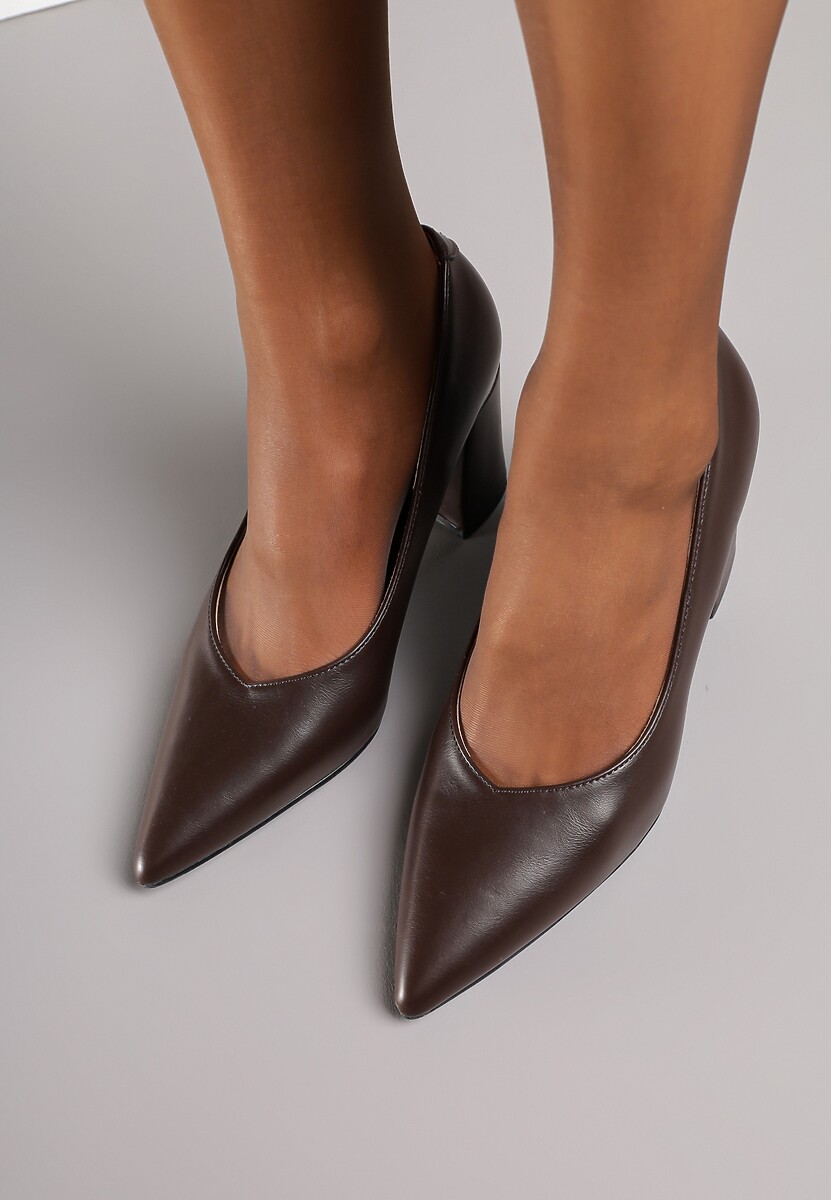 Ciemnobrązowe Czółenka Vices na Geometrycznym Słupku ze Skórzaną Wkładką Modvire