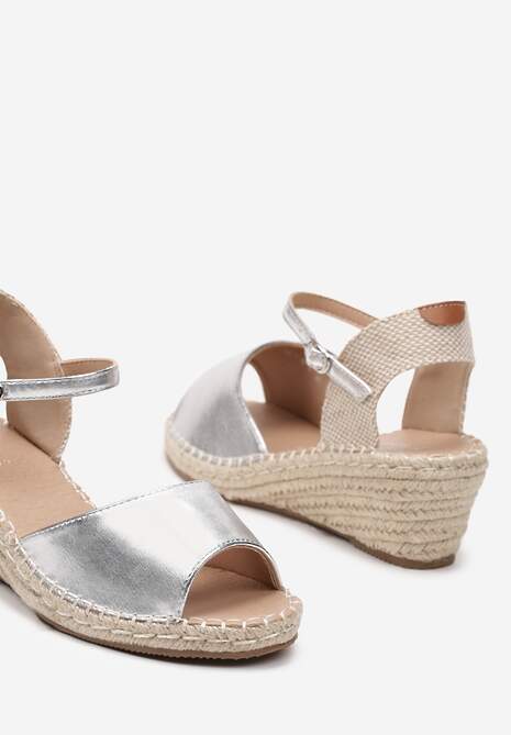 Srebrne Sandały na Koturnie z Wkładką z Ekoskóry Ozdobione Plecionką z Juty Notesa