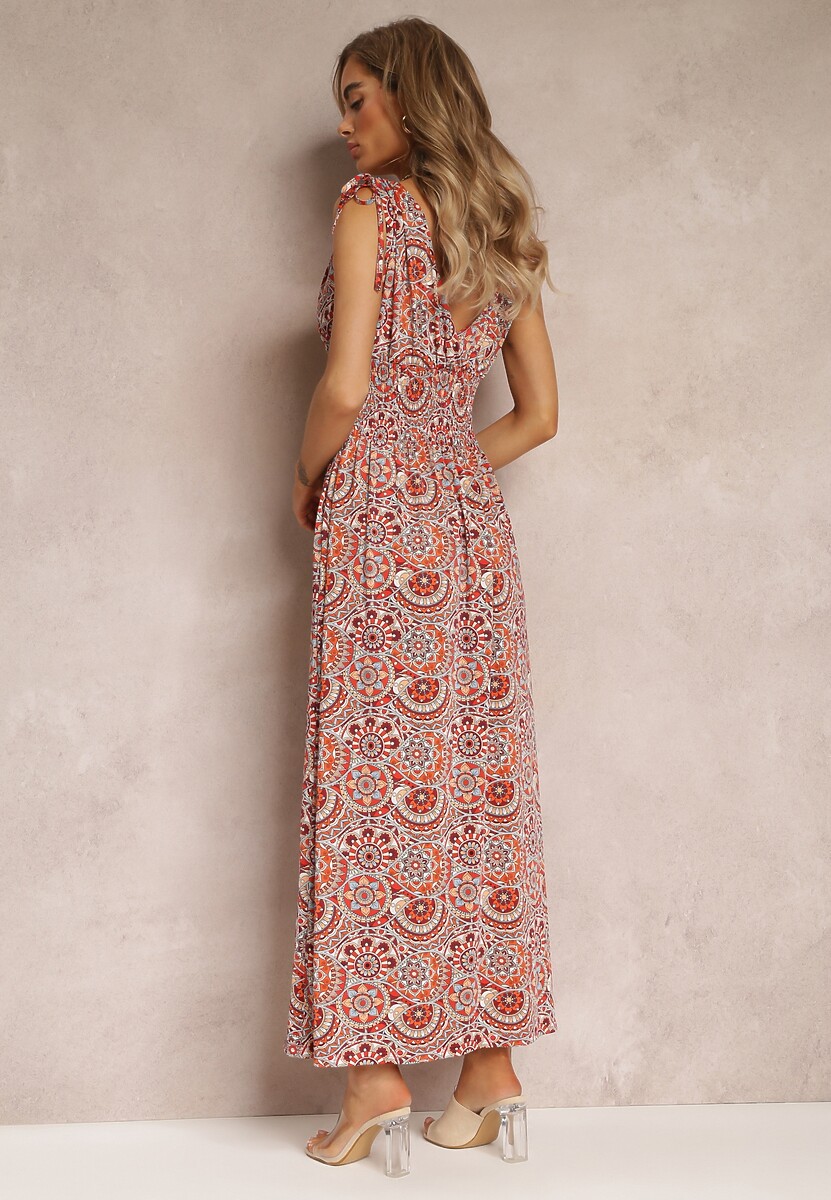 Pomarańczowa Kwiecista Sukienka Maxi z Gumką w Talii z Wiskozy Aslana