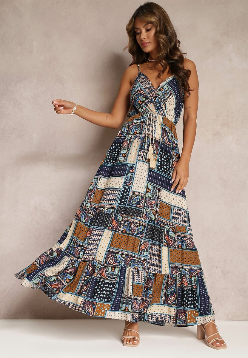 Bordowa Wiskozowa Sukienka o Kopertowym Kroju w Print Patchwork Grehan