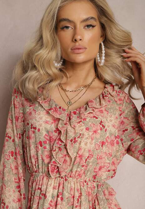 Beżowo-Różowa Sukienka Rozkloszowana w Kwiaty z Gumką w Pasie Bledareta