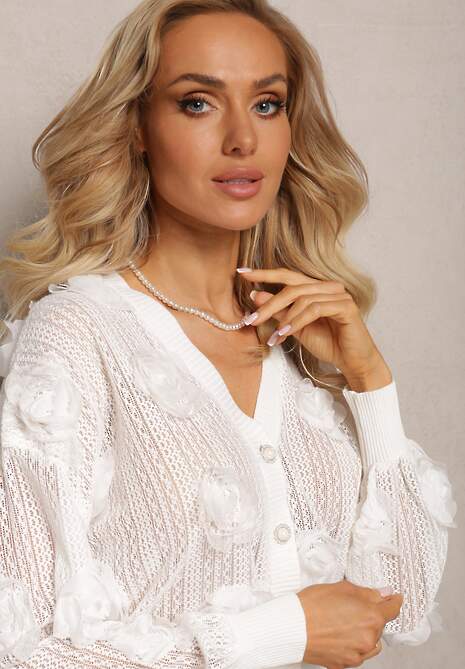 Biały Kardigan z Ażurowym Zdobieniem w Kwiaty Barimona