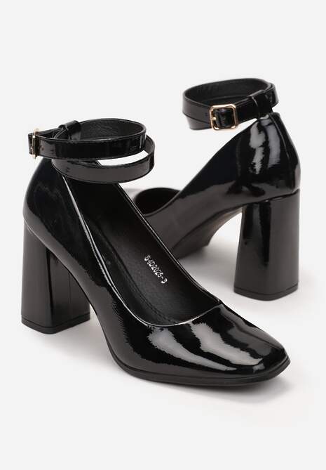 Czarne Lakierowane Czółenka na Słupkowym Obcasie z Kwadratowym Noskiem Stethy