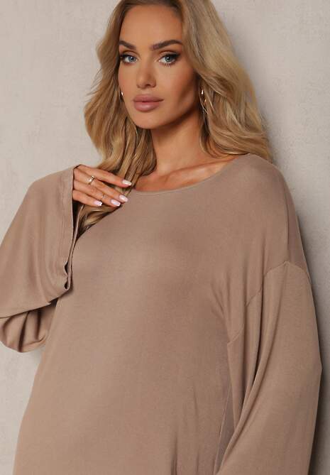 Ciemnobeżowa Pudełkowa Sukienka z Wiskozy z Długim Rękawem Nestaira