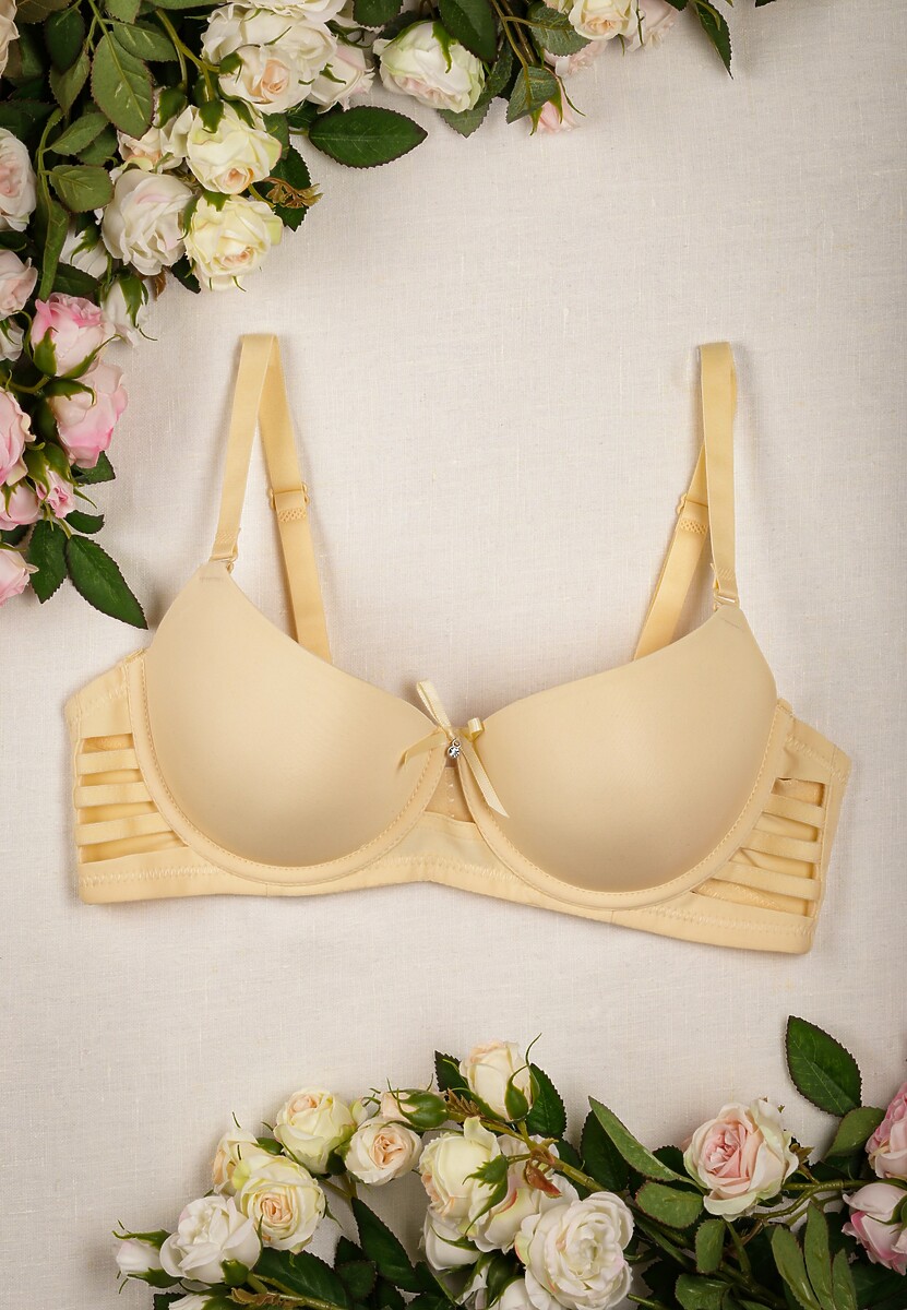 Beżowy Biustonosz Push Up Ozdobiony Bocznymi Wycięciami Biathy