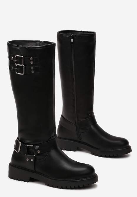 Czarne Kozaki Biker z Ozdobną Klamerką Verine