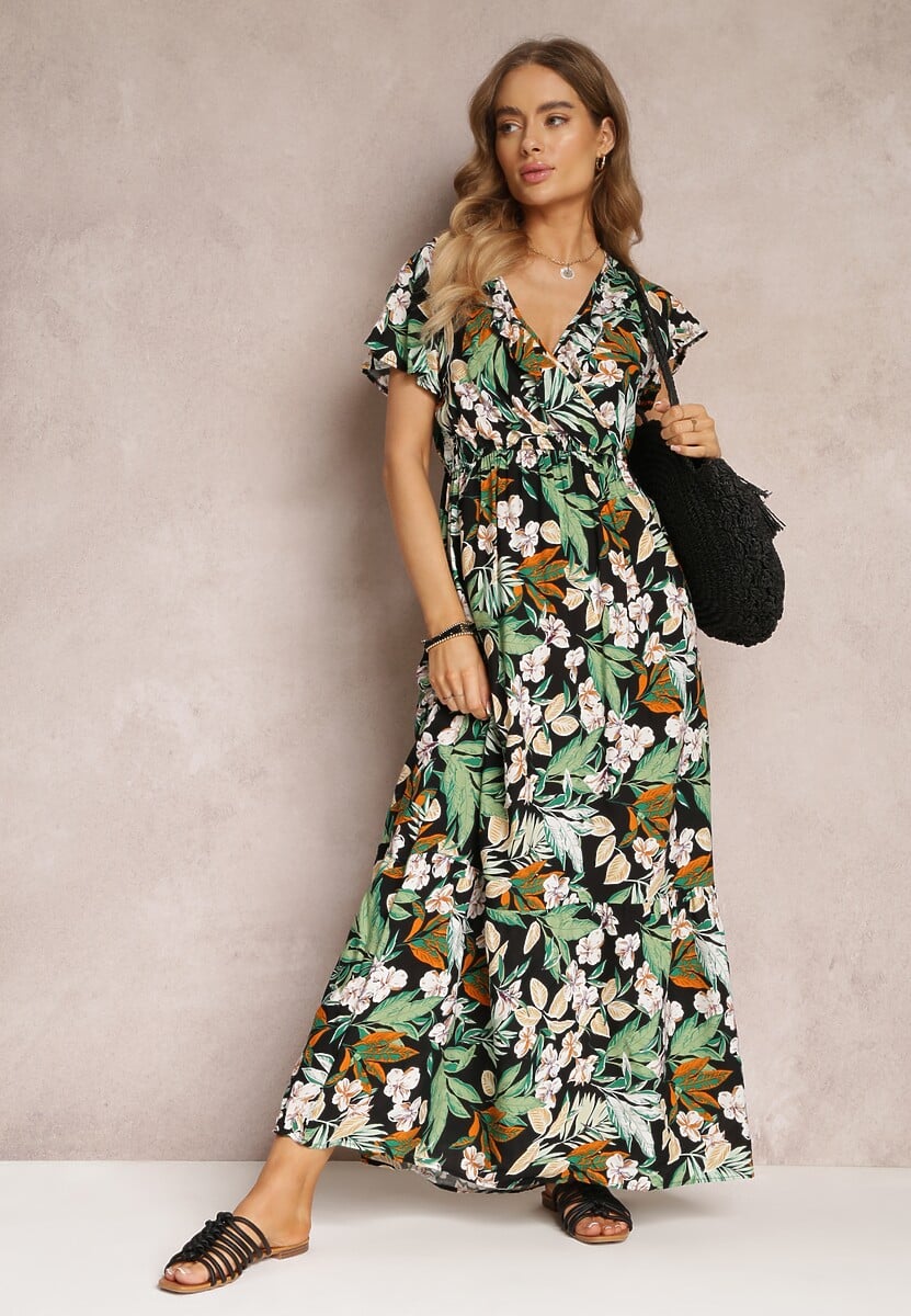 Pomarańczowa Sukienka Rozkloszowana w Kwiaty z Gumką w Pasie Diggle