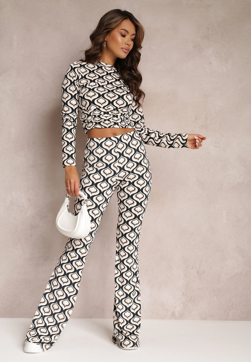 Czarno-Biała Bluzka w Geometryczny Wzór z Długim Rękawem i Marszczeniem Runnidee