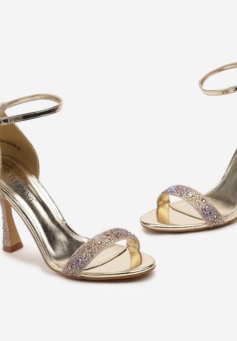 Złote Brokatowe Sandały na Klepsydrowej Szpilce z Drobnymi Cyrkoniami Isoldis
