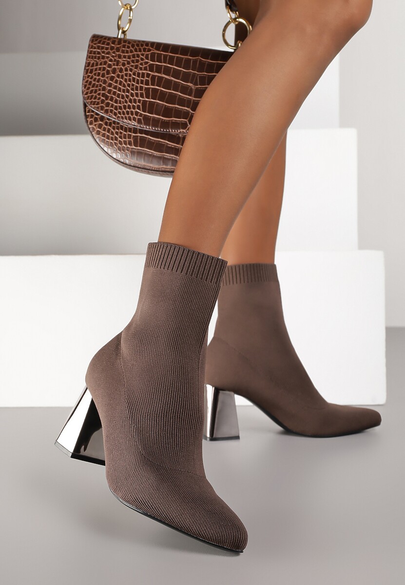 Brązowe Skarpetkowe Botki Vices na Metalicznym Słupkowym Obcasie Widvira