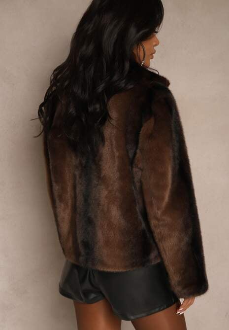 Brązowa Krótka Kurtka Futerko o Jednorzędowym Kroju Lanella