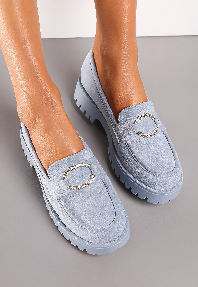 Niebieskie Mokasyny Wsuwane na Grubej Podeszwie z Metalowym Ozdobnym Kółkiem Pactina