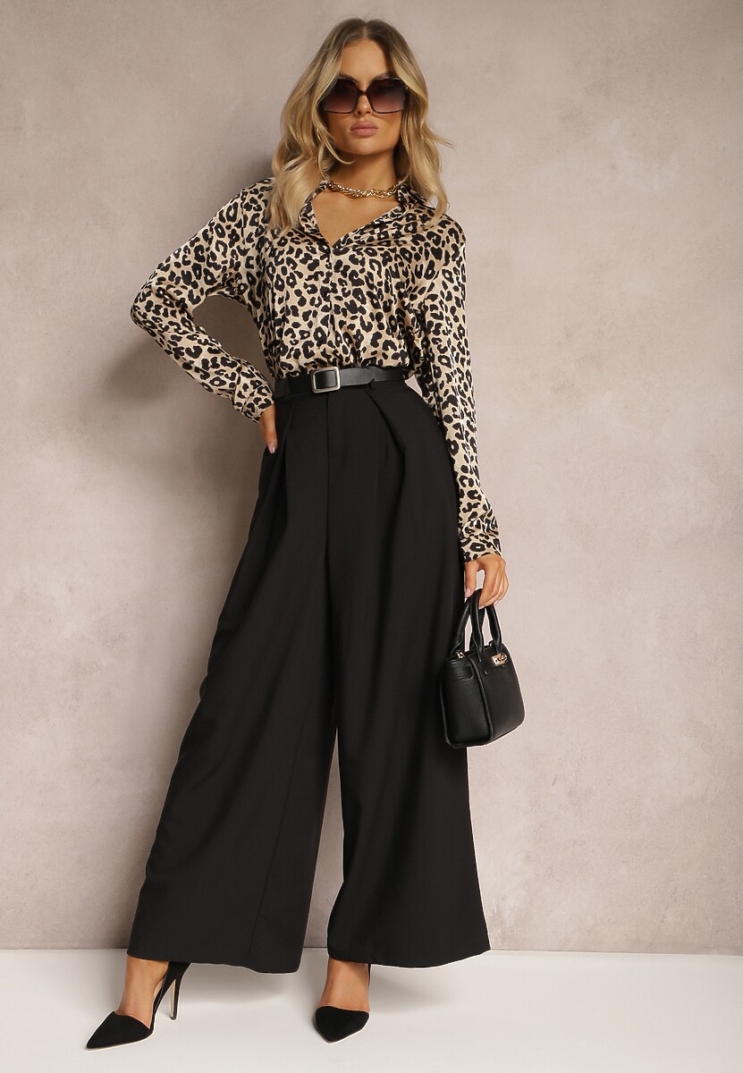 Czarne Szerokie Spodnie w Stylu Palazzo z Paskiem Detalia