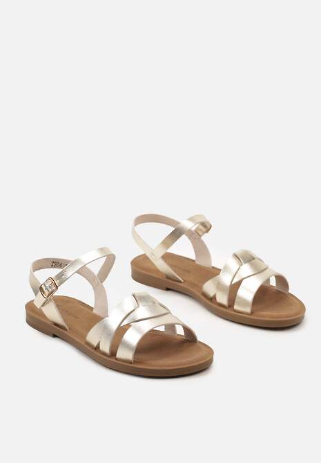 Złote Sandały z Imitacji Skóry na Płaskiej Podeszwie Zapinane na Sprzączkę Javera
