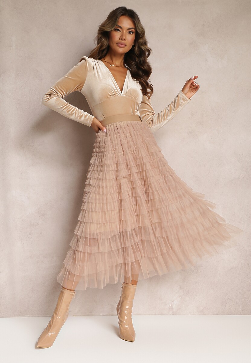 Jasnofioletowa Tiulowa Spódnica Maxi z Gumką w Pasie i Falbankami Mahlia