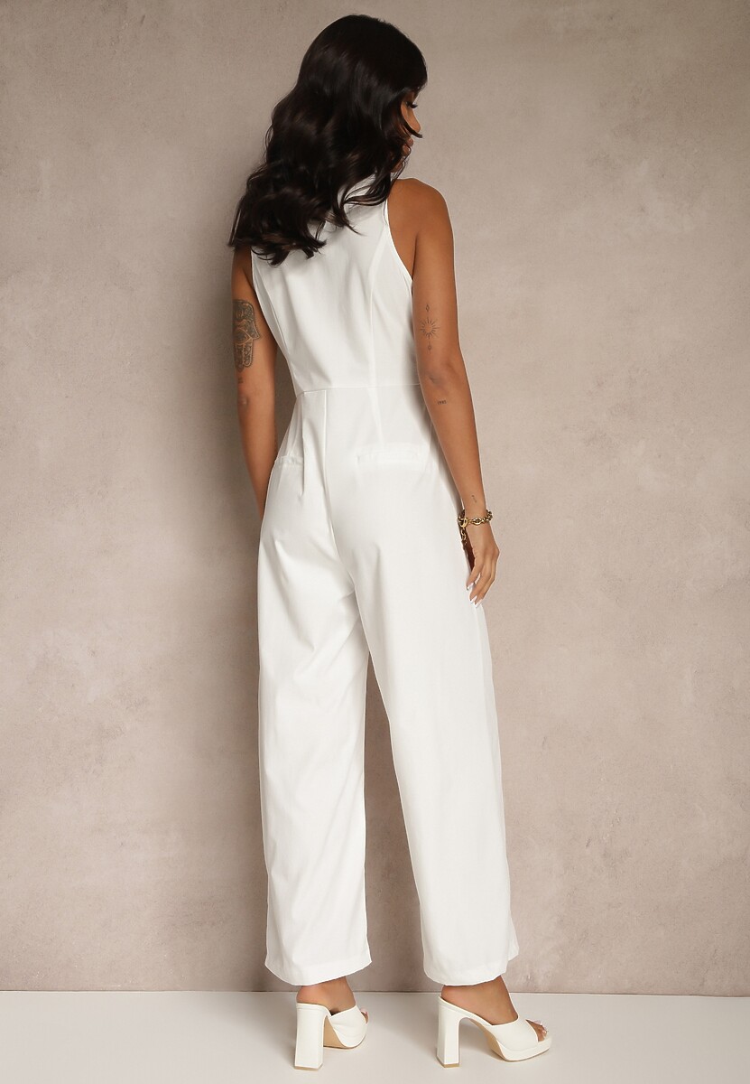 Biały Taliowany Kombinezon Elegancki z Dekoltem V Nevianis