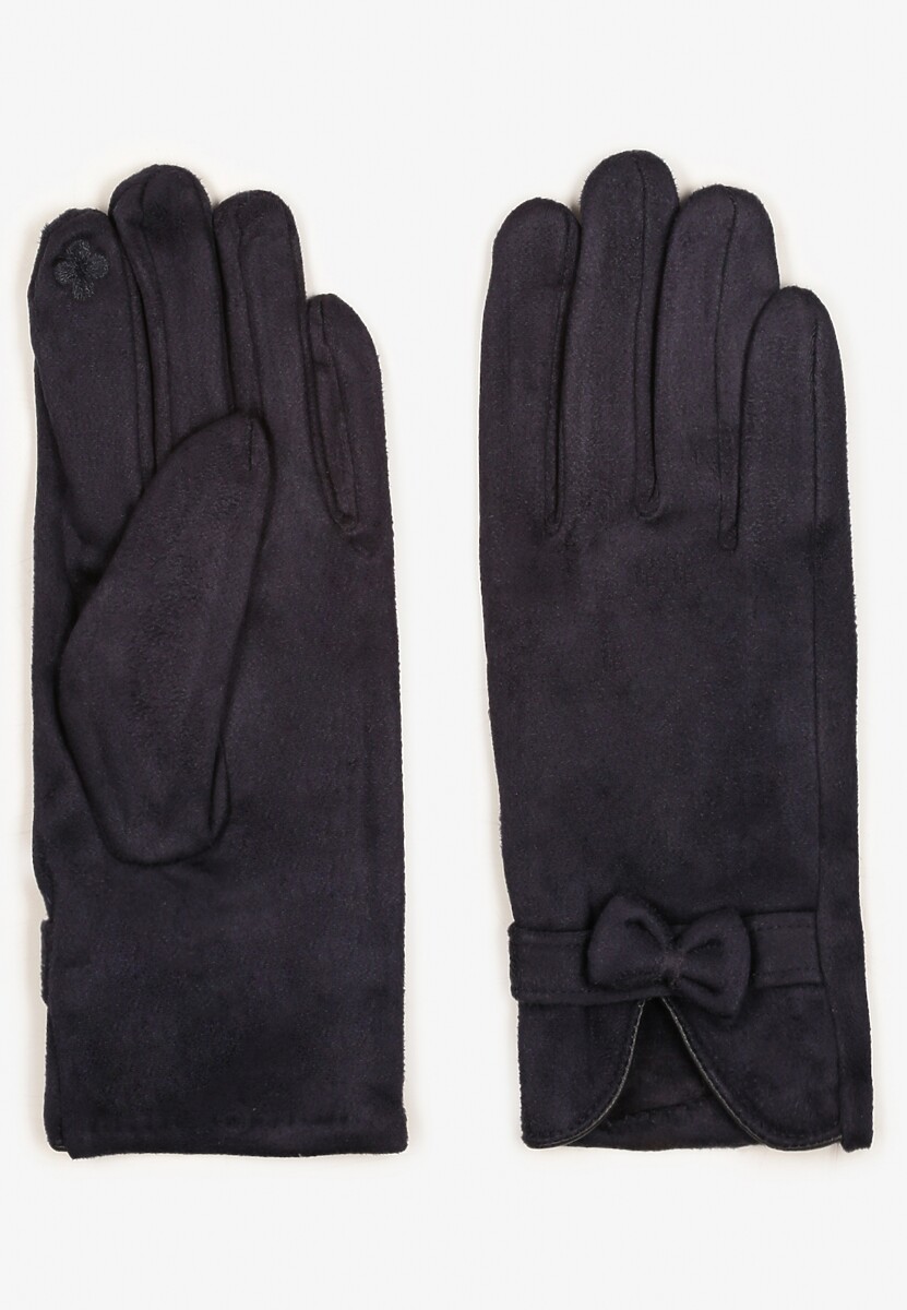 Niebieskie Rękawiczki Dzianinowe z Bawełną Ozdobione Kokardą Tessemi