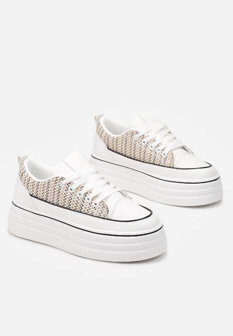 Beżowe Krótkie Trampki na Wysokiej Platformie z Tweedową Wstawką Grogamia