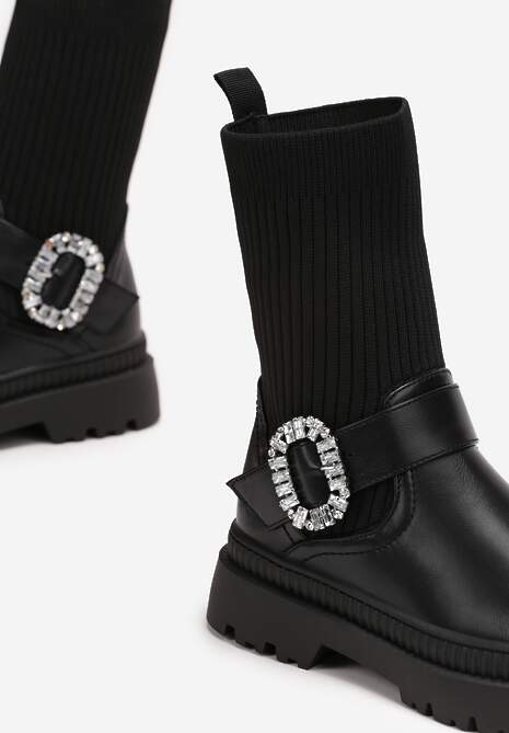 Czarne Botki Workery z Dzianinową Elastyczną Cholewką i Biżuteryjną Klamrą Nalipno
