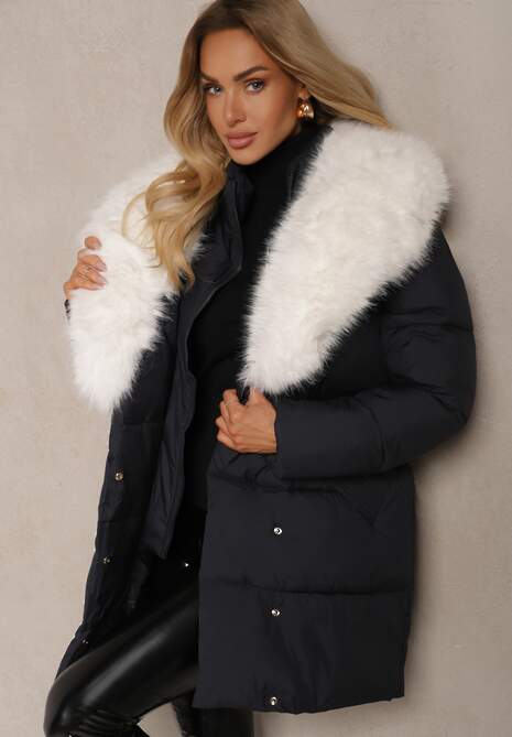 Granatowa Kurtka Ozdobiona Pikowaniem Odpinanym Kołnierzem z Futerkiem i Paskiem Edanora