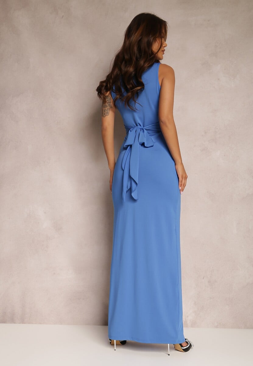 Niebieska Marszczona Sukienka z Ozdobnym Rozcięciem Alphophe