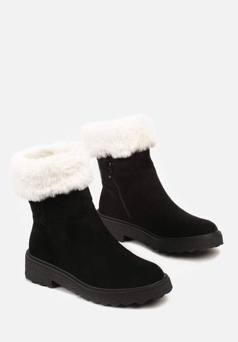 Czarne Botki z Imitacji Zamszu z Futerkiem i Płaską Podeszwą Cegia