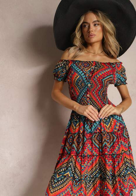Czerwona Elastyczna Sukienka Boho z Hiszpańskim Dekoltem z Bawełny  Solphina