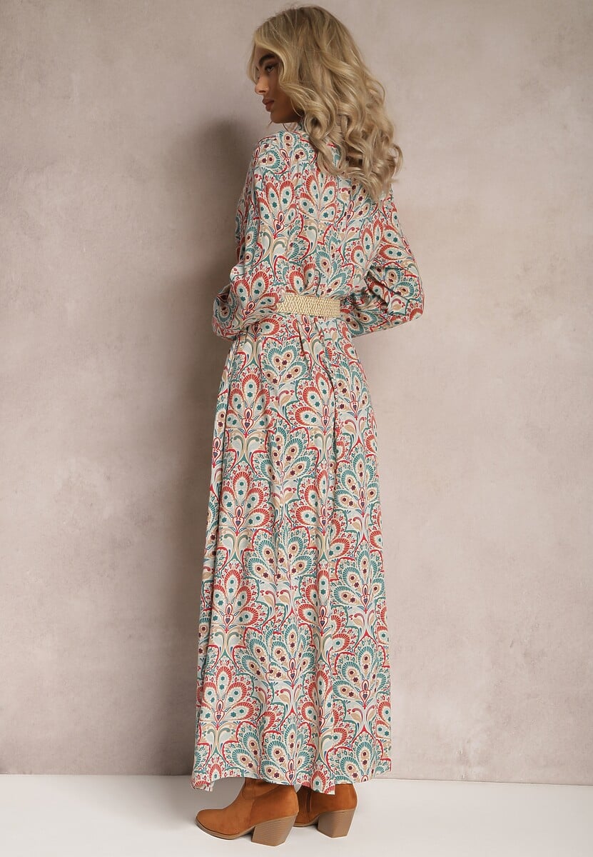 Zielono-Czerwona  Koszulowa Sukienka z Dodatkowym Paskiem i Podpinanymi Rękawami Alonie