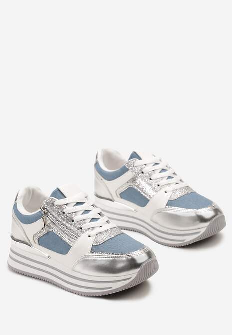 Niebiesko-Srebrne Sneakersy z Brokatowymi Wstawkami i Krótkim Suwakiem Naiwra