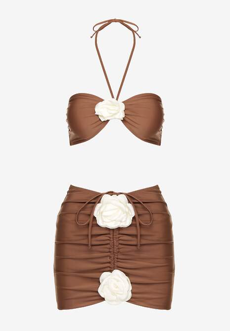 Brązowe Bikini ze Spódniczką Ozdobione Kwiatową Aplikacją 3D Coren
