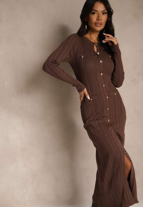 Brązowa Taliowana Sukienka Sweterkowa z Wiskozą i Metalicznymi Guzikami Lilianessa