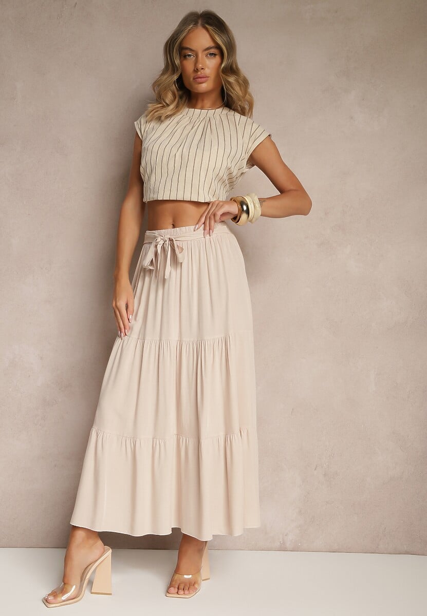 Jasnoniebieska Rozkloszowana Spódnica Maxi z Wiskozy z Materiałowymi Paskami Wintelis