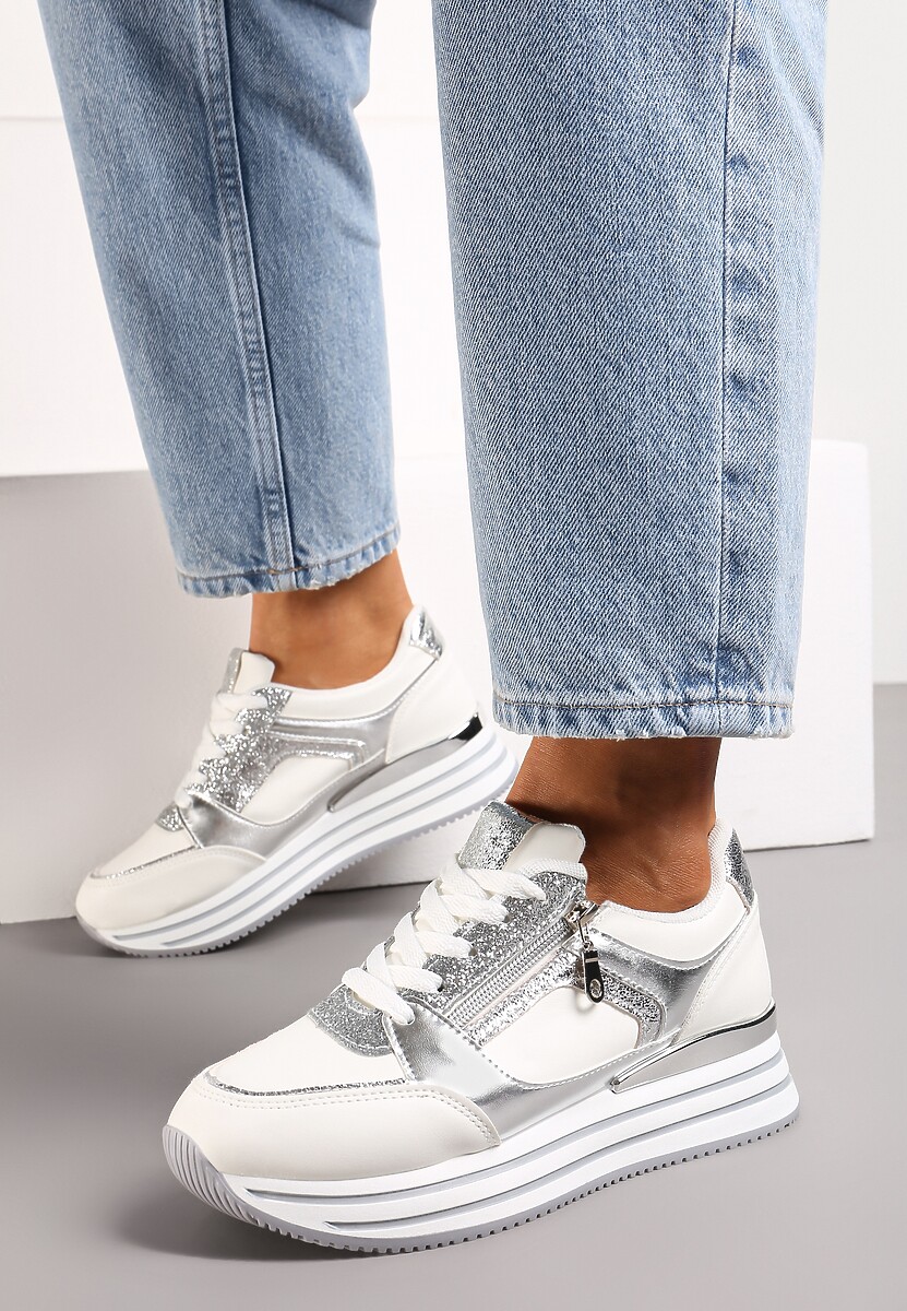 Biało-Srebrne Sneakersy z Brokatowymi Wstawkami i Krótkim Suwakiem Naiwra