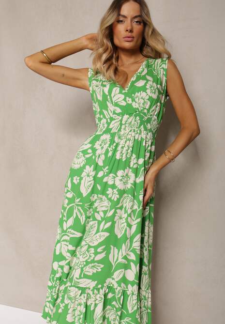Zielona Wiskozowa Kwiatowa Sukienka Wykończona Gumką w Pasie o Rozkloszowanym Kroju Keranea