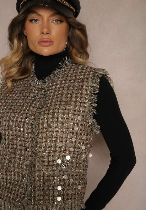 Zielono-Złota Kamizelka Garniturowa z Wełną Frędzlami i Cekinami Lesaltia