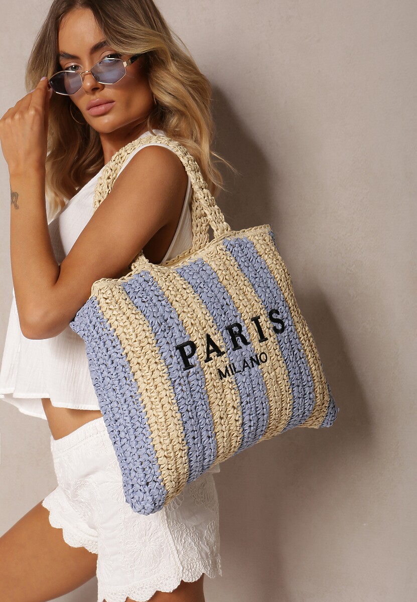 Granatowo-Beżowa Pleciona Torebka z Rączką i Ozdobnym Napisem Rivasina