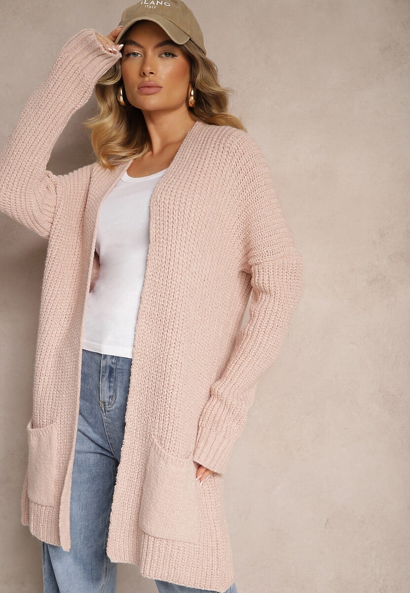 Jasnobeżowy Długi Kardigan Bez Zapięć z Obniżoną Linią Ramion i Kieszeniami Viatha