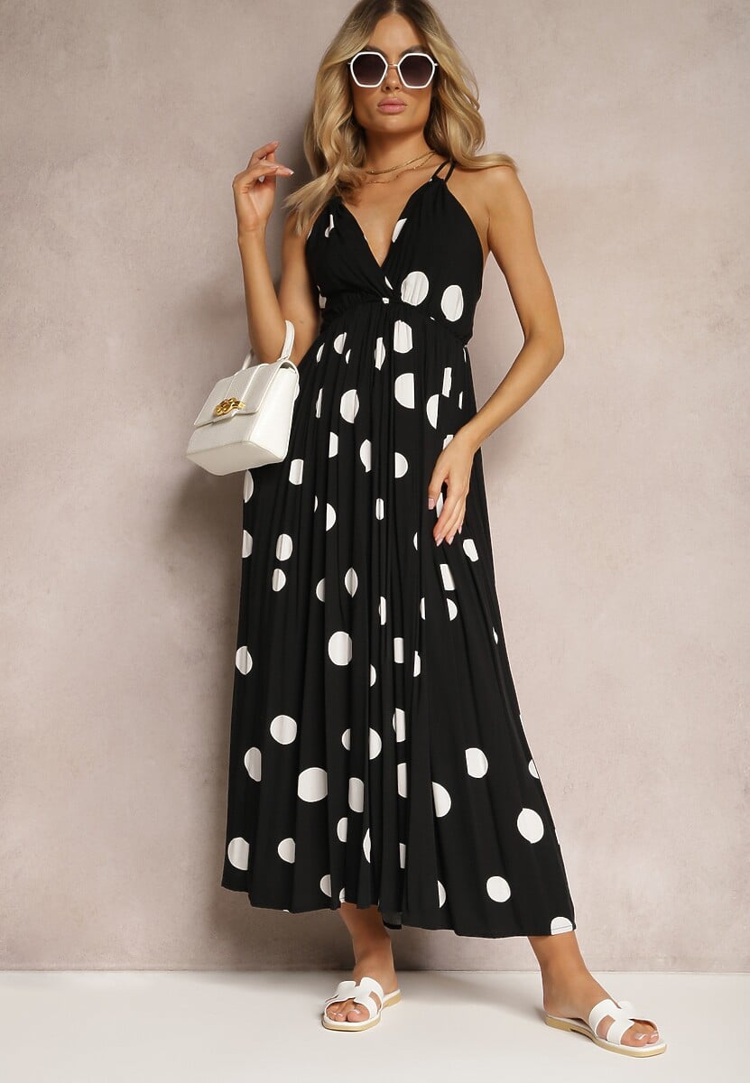 Czarna Wiskozowa Sukienka z Gumką w Pasie i Wiązaniem na Szyi i Plecach Kamaries