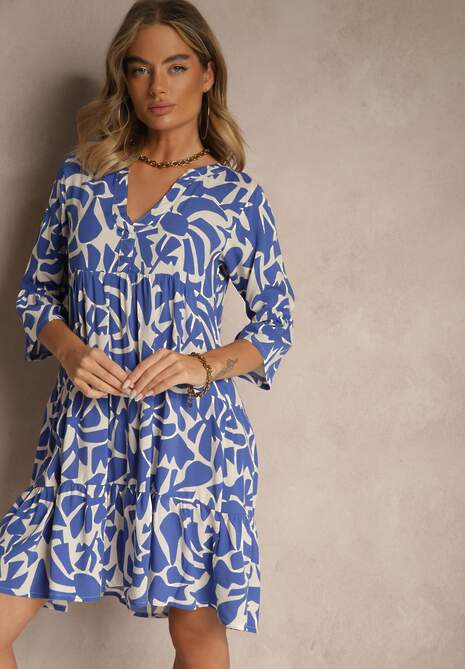 Niebieska Sukienka z Wiskozy o Rozkloszowanym Kroju w Abstrakcyjny Wzór Lirese