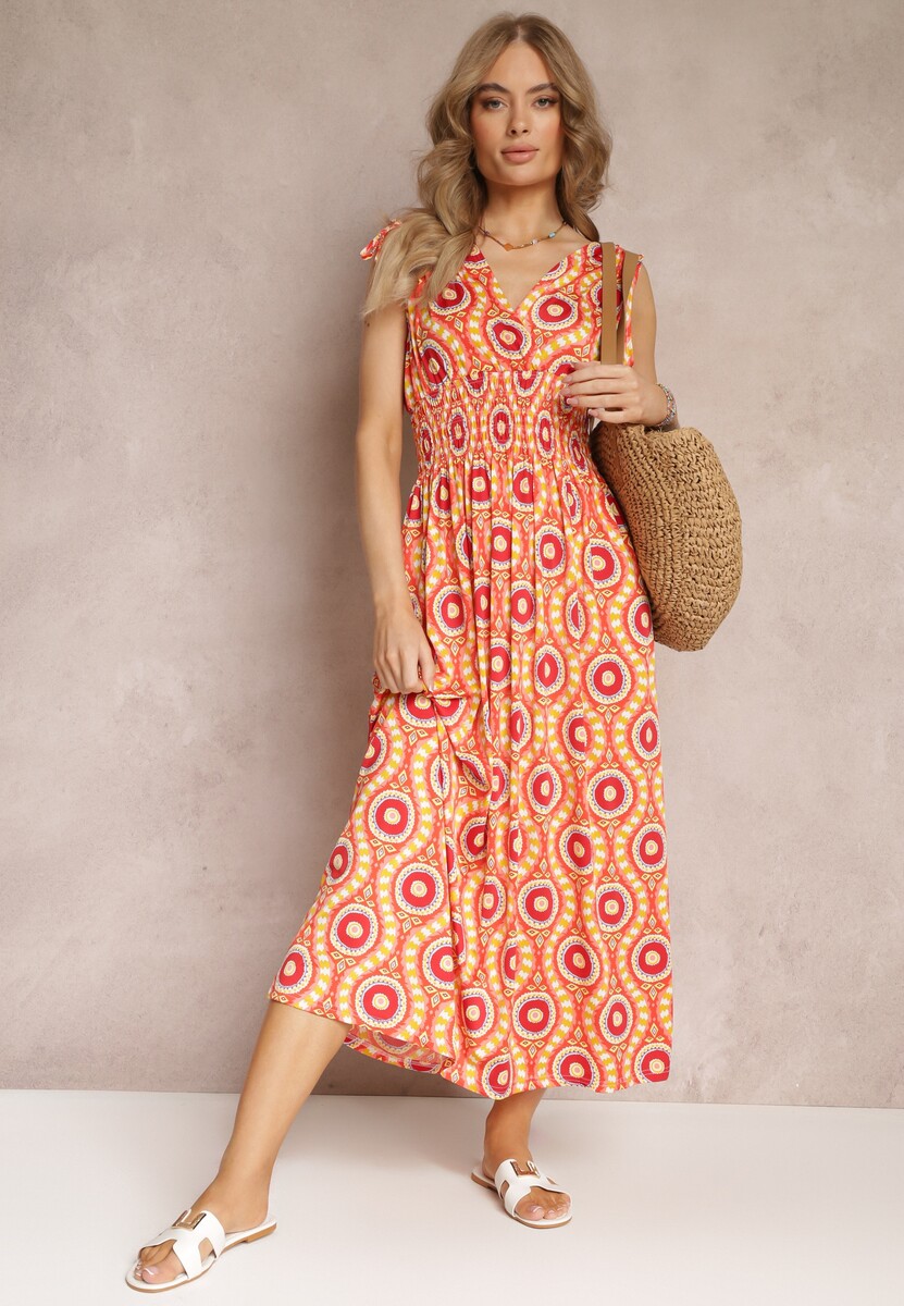 Pomarańczowa Rozkloszowana Sukienka z Wiskozy w Fantazyjny Print Karlene