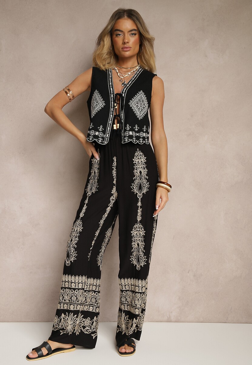 Czarne Szerokie Spodnie z Lnem i Bawełną High Waist z Haftem i Metaliczną Nicią Serilia