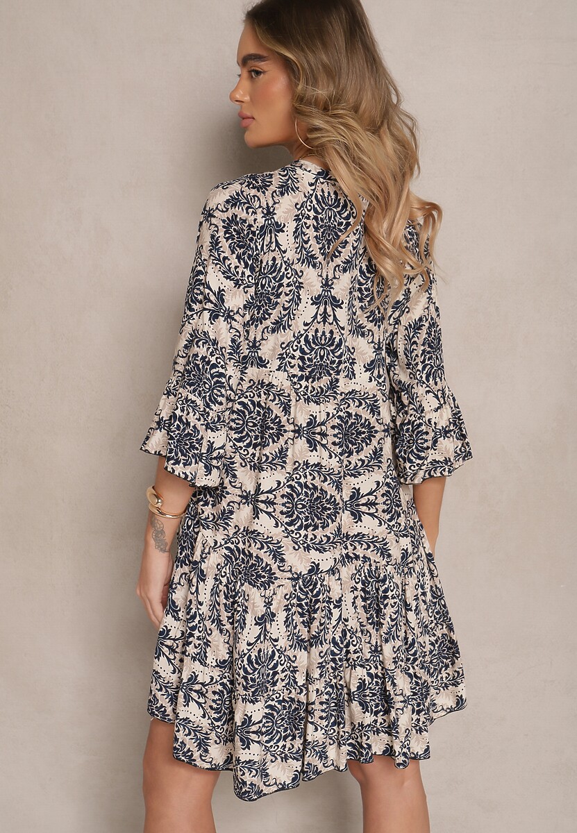 Granatowa Bawełniana Sukienka o Rozkloszowanym Kroju w Ornamentalny Print Laniwea