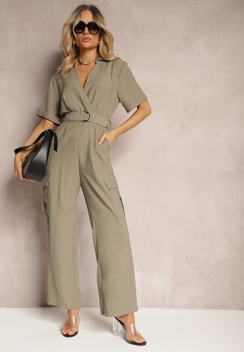 Ciemnozielony Długi Kombinezon w Stylu Utility z Kieszeniami Cargo Paskiem i Kołnierzykiem Qillilena