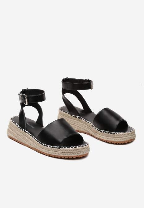 Czarne Sandały na Płaskim Obcasie z Plecionką i Paskiem ze Sprzączką Linrewa