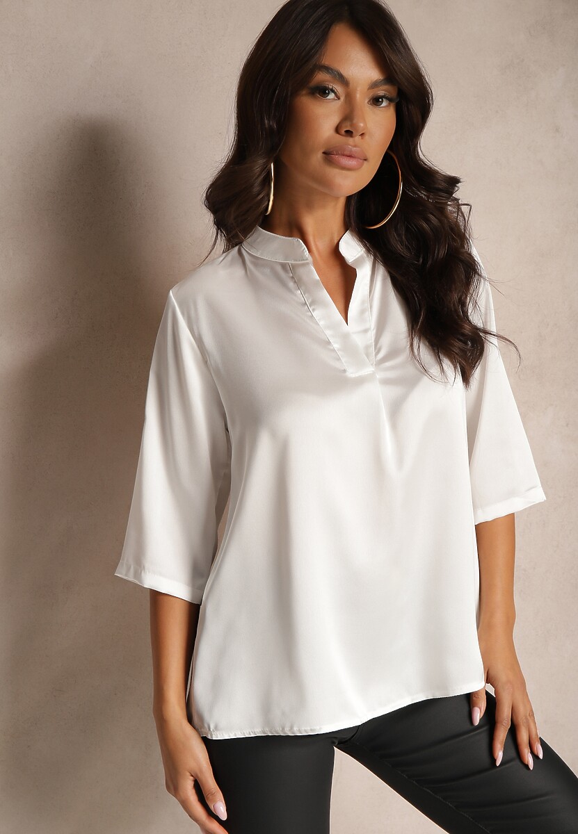 Biała Bluzka z Głębokim Dekoltem i Przedłużonym Tyłem Nilani