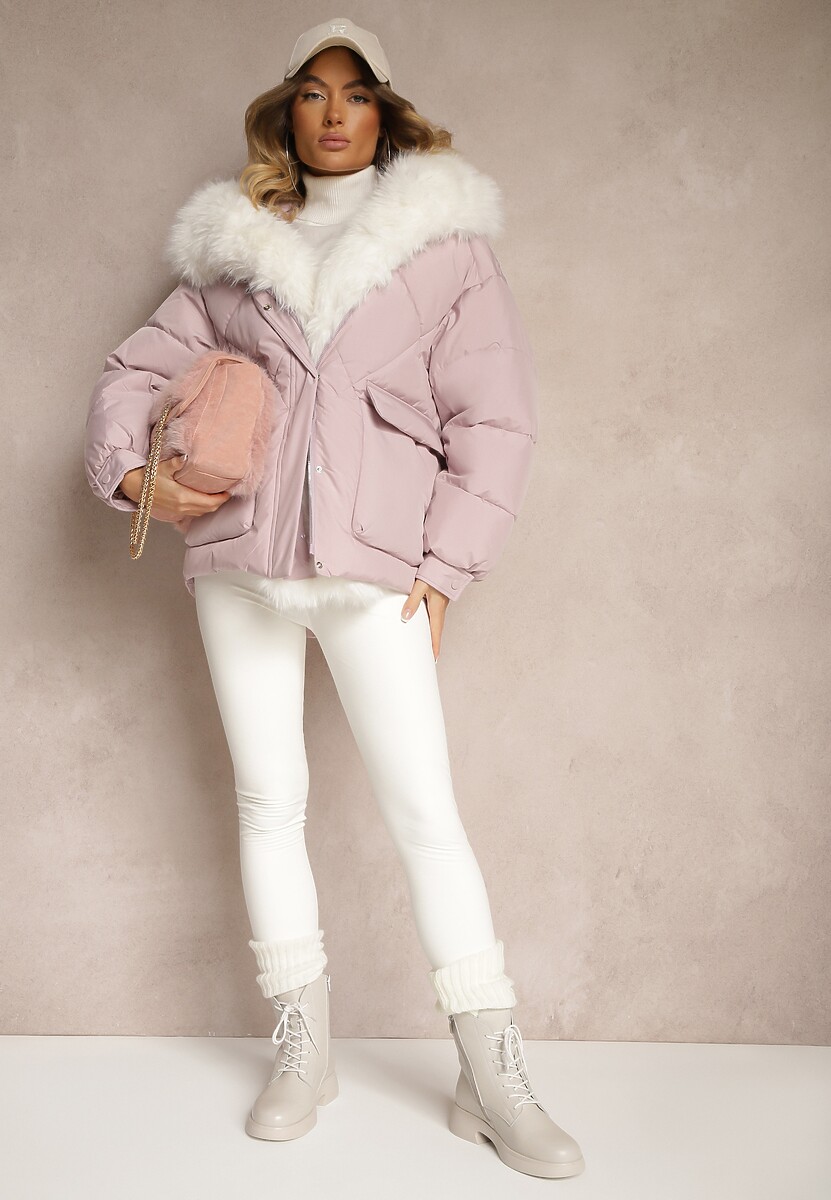 Jasnobeżowa Kurtka Pikowana z Kapturem i Odpinanymi Futerkowymi Wstawkami Izafera