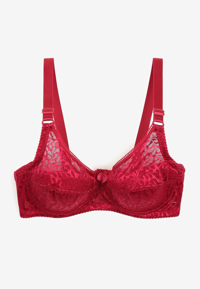 Bordowy Koronkowy Biustonosz z Regulowanymi Ramiączkami i Usztywnionymi Miseczkami Vikiitole
